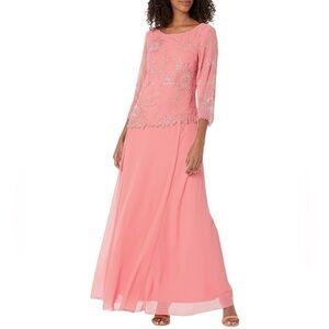 NWT Coral Pink 3/4 Sleeve Beaded Embroidered Sparkle Floral Maxi Gown 18